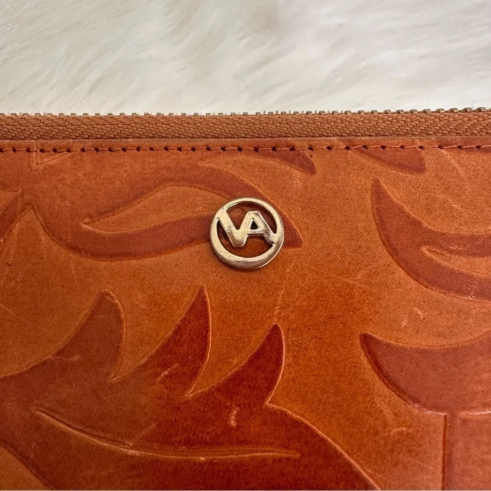 Valentina Italy Embossed Genuine Leather Floral Zip Around Wallet